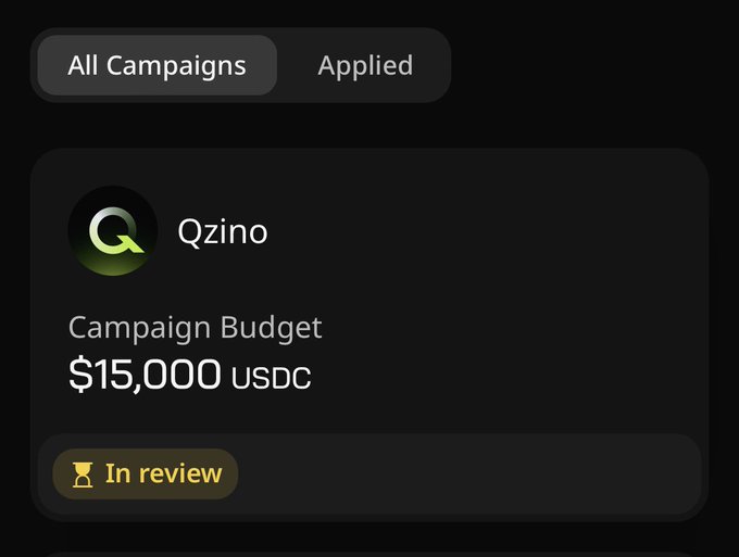 The image features a post from @qzino_official that details a new campaign that has just launched. The campaign, sponsored by @wallchain, is aimed at promoting an applied budget of $15,000 USDC. The main focus of the post is to attract creators who are interested in developing content or working with crypto audiences and to advertise their services on social media platforms.