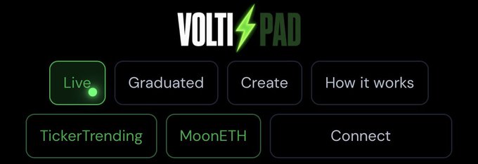 A dark interface screenshot of the 'VOLTI PAD' platform with a lightning bolt logo, displaying navigation buttons labeled 'Live' (highlighted in green), 'Graduated', 'Create', 'How it works', 'TickerTrending', 'MoonETH', and 'Connect'.