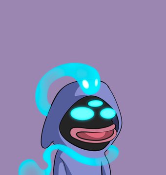 A stylized cartoon character with a blue hood and glowing cyan features against a solid purple background.