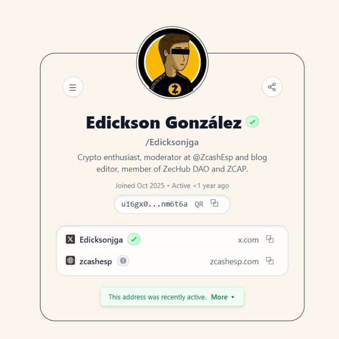 A profile card for 'Edickson González' (@Edicksonjga) describing him as a crypto enthusiast and moderator at @ZcashEsp, showing his social media and website links.