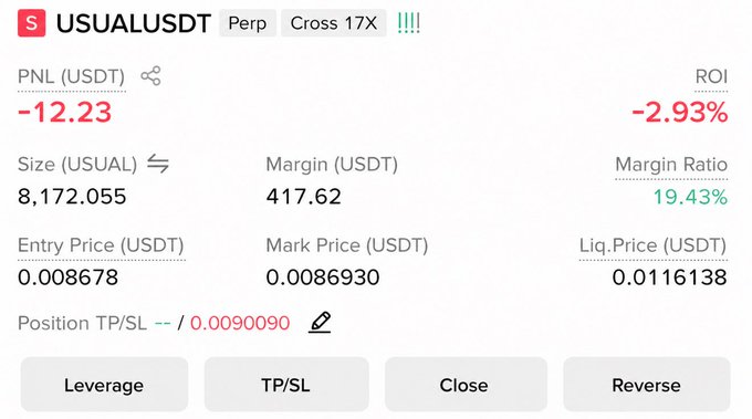 A short position on USUALUSDT perpetual futures with 17X cross leverage is currently down $12.23 (-2.93% ROI), showing an entry at 0.008678, mark price of 0.0086930, and a liquidation price of 0.0116138 with 19.43% margin ratio used.