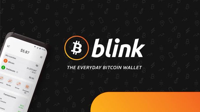 The image shows a promotional banner for "Blink - The Everyday Bitcoin Wallet" featuring a smartphone displaying the app interface with a balance of $5.87 in "Mis cuentas" (Bitcoin and Stablecoins), set against a dark background with Bitcoin-themed icons. The banner relates to the news about Blink Wallet pausing its services after a security breach drained several custodial accounts, as the image showcases the very product affected by the incident.