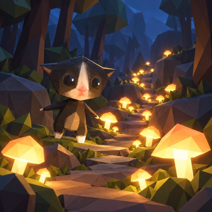 A low-poly 3D render depicts a small black and white cat standing on stone steps surrounded by glowing mushrooms in a dark, stylized forest at night.