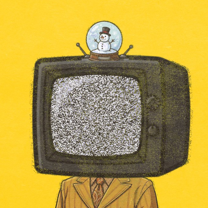 A surreal illustration of a figure in a yellow pinstripe suit and tie whose head is replaced by an old CRT television showing static, topped with a snow globe containing a snowman, set against a yellow background.