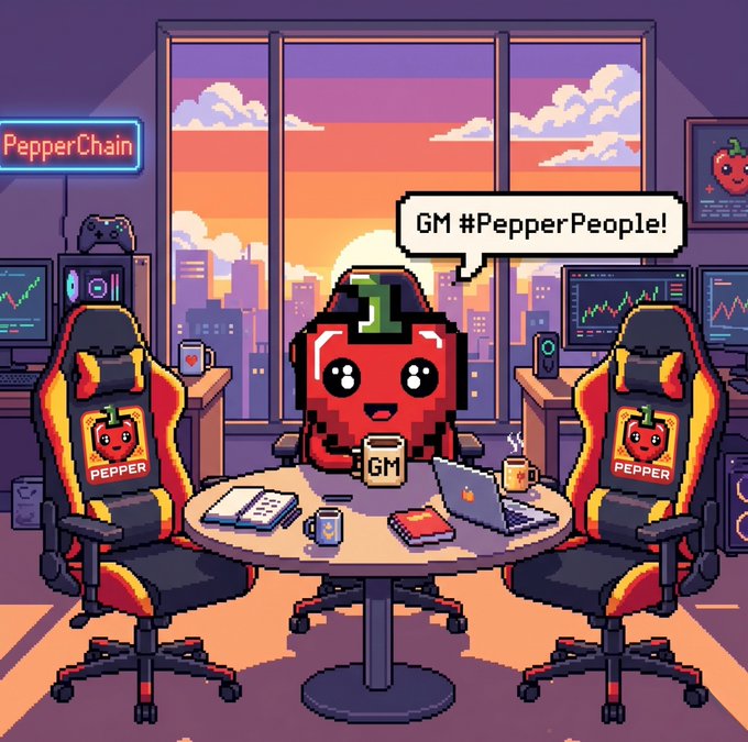 The image features two cartoon peppers sitting at a table with laptops open in front of them, surrounded by chairs. The peppers are wearing headphones and appear to be engaged in a video call or listening to music together. A caption above the peppers reads "GM, #PepperPeople! We're starting a brand new week, and we're sending spicy energy to every corner of the community."