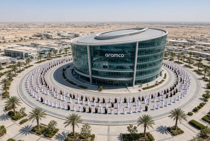 A massive crowd of Saudi Arabian personnel forms concentric rings around the Aramco headquarters in Dhahran, Saudi Arabia, with the company's "aramco" logo prominently displayed on the circular glass structure. The aerial view highlights both the scale of the gathering and the significance of Saudi Aramco, the world's largest oil company, in the nation's economy.