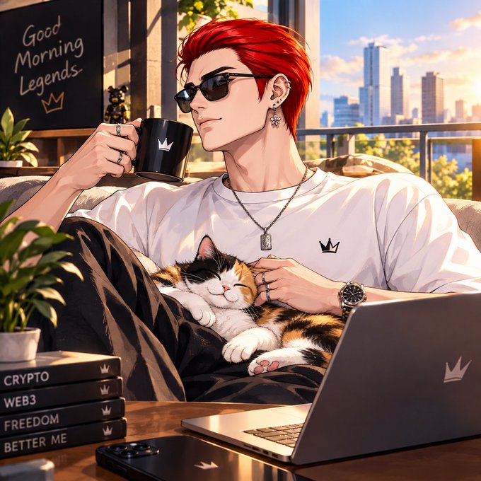 An anime-style illustration shows a red-haired man wearing sunglasses, a white t-shirt with a crown logo, and silver jewelry, drinking from a black mug while holding a calico cat on his lap, with a laptop and books ('CRYPTO, WEB3, FREEDOM, BETTER ME') nearby and a 'Good Morning Legends' chalkboard in the background.