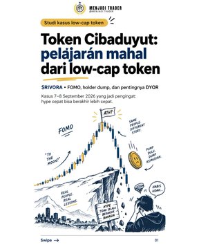The image is an Indonesian-language case study cover page titled "Token Cihaduyut: pelajaran mahal dari low-cap token," discussing the SRIVORA/FOMO token crash on September 7-8, 2025, where investors lost money due to hype and lack of understanding about low-cap tokens. The accompanying caption "👇👇 monggo di baca!" (Javanese for "please read") invites viewers to read this cautionary educational content from Hexagon Trader Academy.