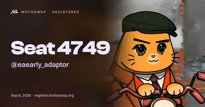 A 'MotoSwap Registered' digital certificate for 'Seat 4749' assigned to @eaearly_adaptor, featuring an illustrated cat wearing a flat cap and trench coat on a motorcycle.