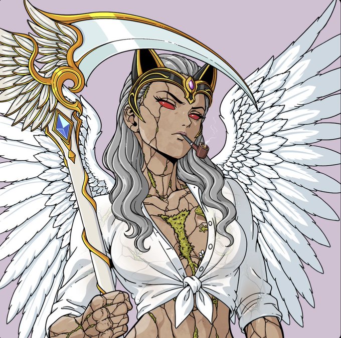 An anime-style illustration of a white-haired angelic figure with red eyes, wearing an ornate golden headpiece, with white wings and cracked stone-like skin, smoking a pipe while holding a large golden scythe.