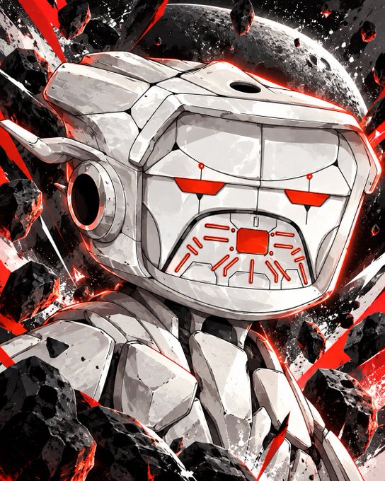 An anime-style illustration of a white mecha robot with glowing red eyes and circuit details, set against a backdrop of a moon and floating asteroids with red highlights.