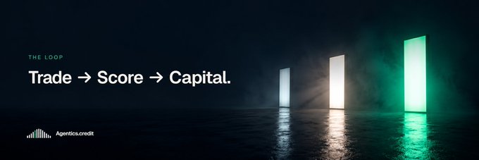 A sleek dark-themed promotional image for Agentiсa.credit featuring the text 'THE LOOP' and 'Trade → Score → Capital.' displayed against a background of illuminated doorways reflecting on water.