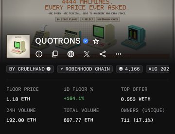 A screenshot displays NFT collection stats for 'QUOTRONS' on Robinhood Chain, showing a floor price of 1.18 ETH, 24h volume of 192.00 ETH, and 711 unique owners.