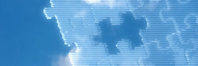 A blue digital illustration depicting a world map or landmass silhouette formed from pixelated data and code patterns against a sky-blue background.