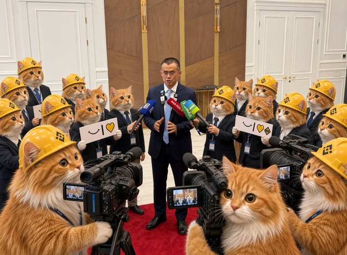 A surreal AI-generated image of a press conference where orange cats wearing yellow hard hats and suits surround a human reporter with cameras and microphones.