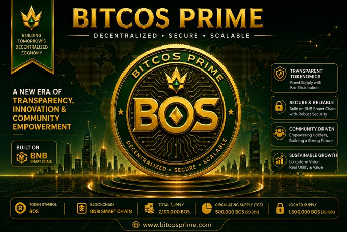 A promotional graphic for 'BITCOS PRIME' (BOS) token built on the BNB Smart Chain, highlighting 'Transparent Tokenomics,' 'Secure & Reliable,' and 'Community Driven' features with stats showing a 2,100,000 BOS total supply.