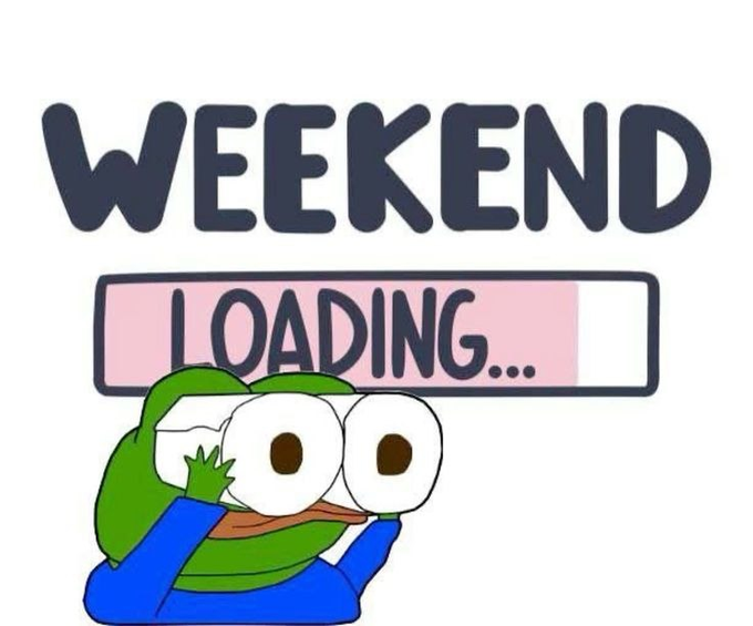 A cartoon graphic with the text 'WEEKEND LOADING...' featuring a green duck-like character holding a mug, expressing exhaustion while waiting for the weekend.