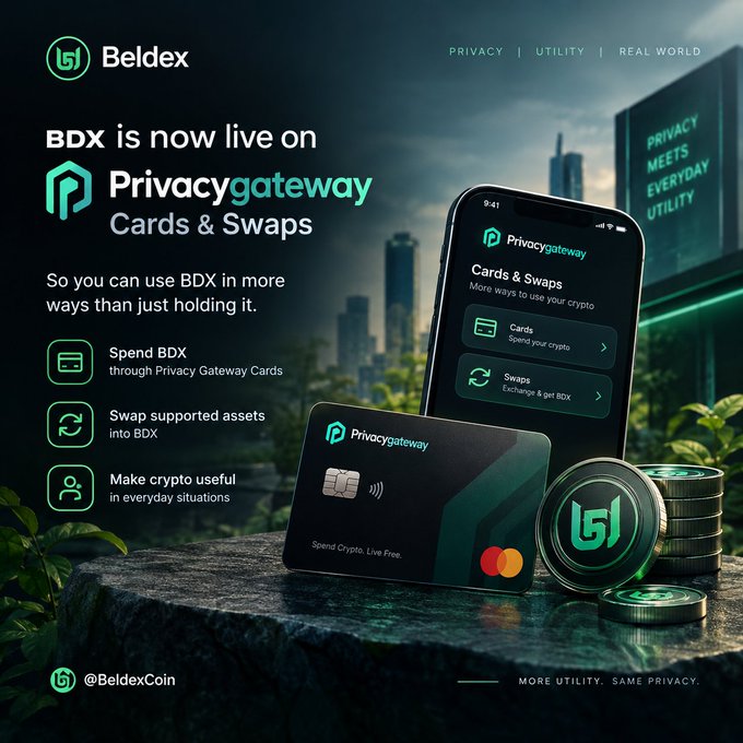 A promotional graphic for Beldex announcing "BDX is now live on Privacygateway Cards & Swaps", showing a credit card and phone displaying the Privacy Gateway app with crypto coins.