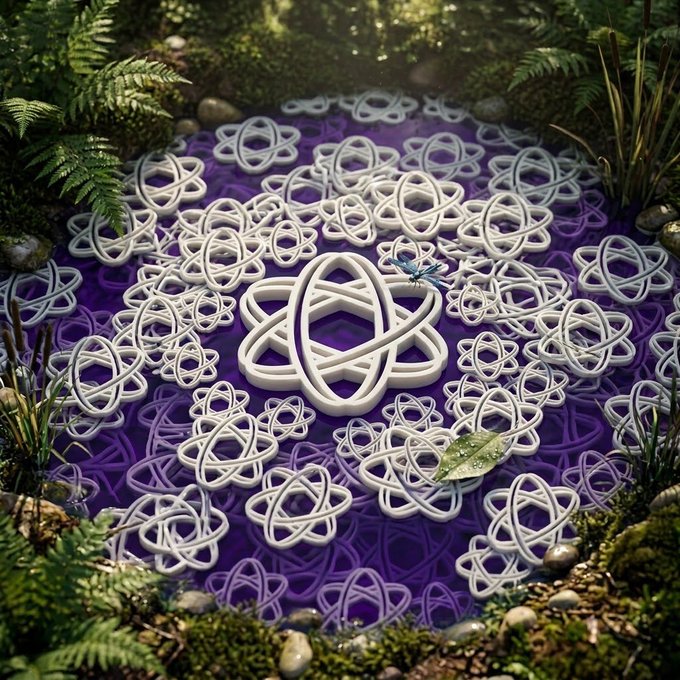 An artistic 3D rendering showing intricate white triquetra (trinity knot) symbols scattered across a purple surface surrounded by ferns, foliage, and pebbles in a natural setting.
