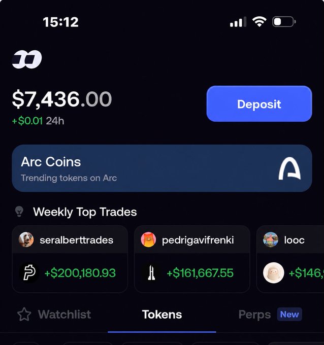 The image shows a crypto wallet app displaying a balance of $7,436.00 (up $0.01 in 24h), with a "Weekly Top Trades" leaderboard featuring users like seralberttrades (+$200,180.93), pedrigaviffrenki (+$161,667.55), and looc (+$146,...). The caption humorously contrasts the poster's modest $500 giveaway offer with the massive profits seen on the platform's top traders leaderboard.