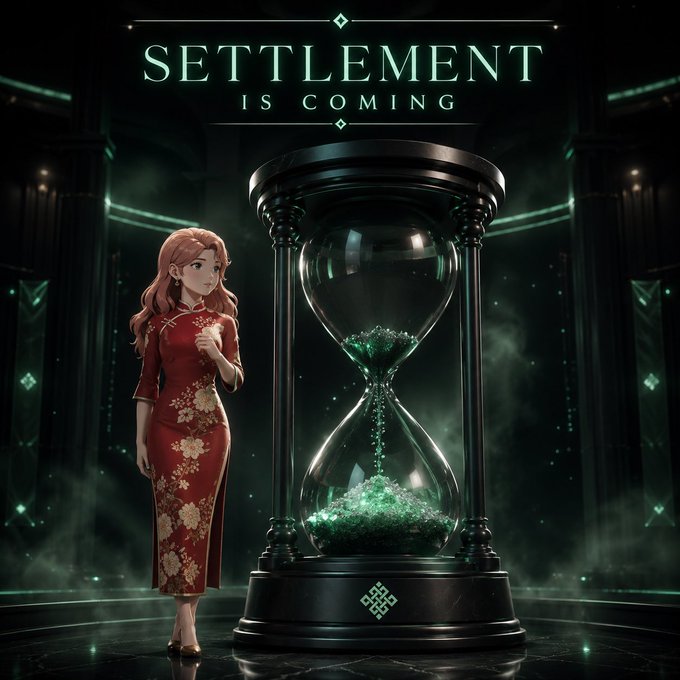A promotional poster titled 'SETTLEMENT IS COMING' showing an anime-style woman in a red floral dress standing beside a large glowing hourglass filled with green sand.