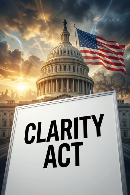 A dramatic illustration of the U.S. Capitol building under a stormy sky with lightning features a placard reading 'CLARITY ACT' in the foreground.