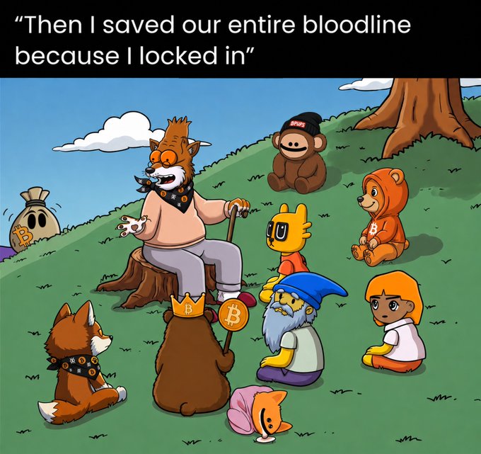 A cartoon featuring various cryptocurrency mascots (including a fox, bear, dog, and ape) gathered on a hill listening to an older fox storyteller, with the caption 'Then I saved our entire bloodline because I locked in'.