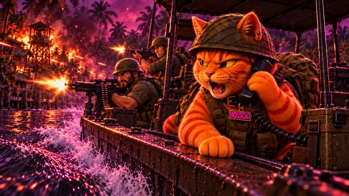 A dramatic AI-generated image depicts an orange tabby cat named 'BOSSCAT' (visible on its name patch) wearing a military helmet and tactical gear on a boat alongside human soldiers firing weapons amid a fiery, purple-tinted combat scene.