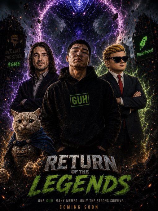 'Return of the Legends' movie-style poster showing three men and a cat ('CASHCAT'), with references to GME ($GME) and Robinhood, and the tagline 'ONE GUH. MANY MEMES. ONLY THE STRONG SURVIVE.'