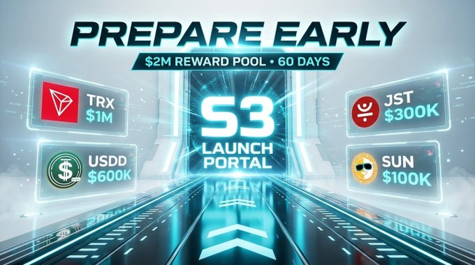 A promotional graphic reads 'PREPARE EARLY' and 'S3 LAUNCH PORTAL' with a '$2M REWARD POOL • 60 DAYS', highlighting rewards for TRX ($1M), JST ($300K), USDD ($600K), and SUN ($100K).