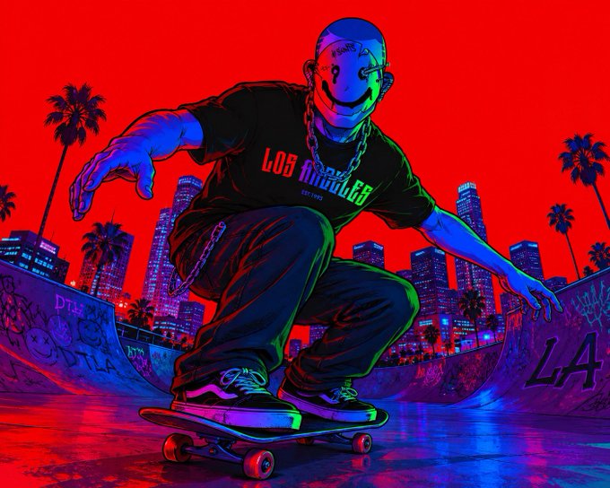 A stylized, neon-lit illustration of a mask-wearing skateboarder performing a trick at an LA skatepark (with "LA" visible on the ramp) against a red sky and city skyline backdrop, with the shirt reading "Los Angeles EST 1995" — matching the post's hype for the Saints of LA NFT community drop.