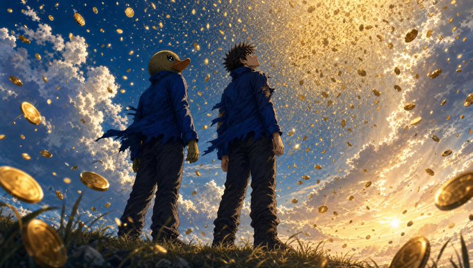 Two anime-style figures—one wearing a duck mask and the other with spiky hair—stand on a grassy field as golden coins rain from a vibrant sunset sky, symbolizing a cryptocurrency airdrop. The imagery of falling coins visually represents the $EPIK token claim event mentioned in the post, evoking the excitement of free crypto rewards.