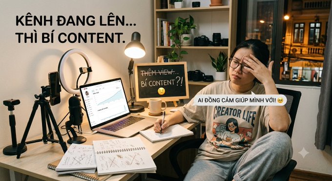 A content creator at a desk with camera equipment, laptop, and ring light looks stressed; Vietnamese text reads 'KÊNH ĐANG LÊN... THÌ BỊ CONTENT' (channel growing... then out of content), 'THÊM VIEW... BÍ CONTENT?!' (more views... no content?!), and 'AI ĐÓNG CẨM GIÚP MÌNH VỚI' (someone AI help me).