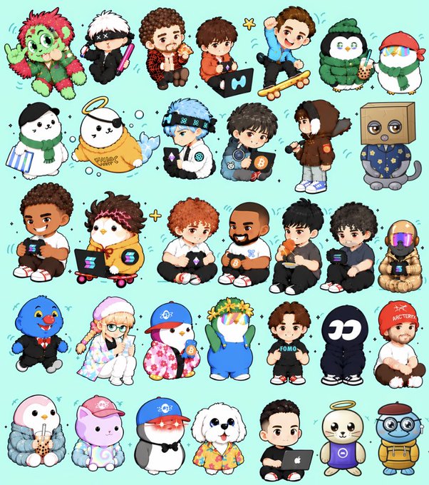 An illustration featuring a grid of cute cartoon characters, including various chibi-style people, penguins, and mascots, set against a light blue background.