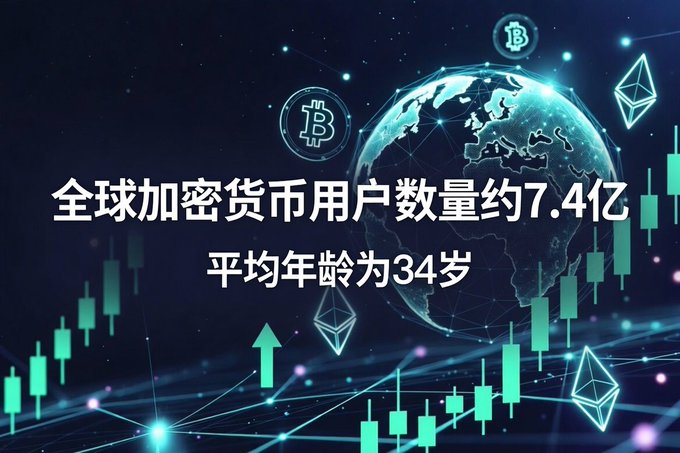 The image features a dark, tech-themed background with a digital globe, cryptocurrency symbols (Bitcoin and Ethereum), and rising candlestick chart patterns, overlaid with Chinese text reading "全球加密货币用户数量约7.4亿 平均年龄为34岁" ("Global cryptocurrency users number approximately 740 million, average age 34"). It visually reinforces the post's claim about the size and demographic profile of the global crypto user base, highlighting the roughly 740 million users and the dominant 25–34 age group.