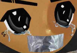 A close-up of the cartoon avatar from the previous image, focusing on the large crying anime eyes and the duct tape covering the mouth.