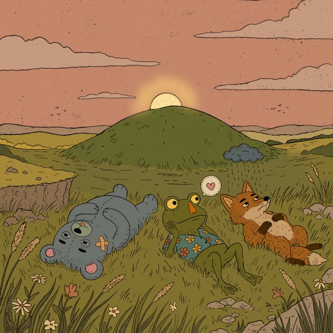 An illustration of three cute animals—a gray bear-like creature with a bandage, a frog in a floral shirt, and a fox—sitting together on a grassy hill watching the sunset, with a heart speech bubble above the frog.