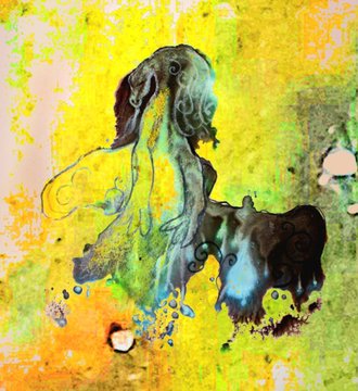 The image features a painting of an octopus with its tentacles spread out, giving the impression that it's floating or swimming through water. The background of the painting is yellow, which contrasts with the blue and green colors used for the octopus and adds depth to the artwork. The painting has been edited in Photoshop, as indicated by the text "WIP Did you see my new baby on @xrpcafe #Ecoline & coloredpencil Then edited in Photoshop took almost 8 hours #XRPFamily".
