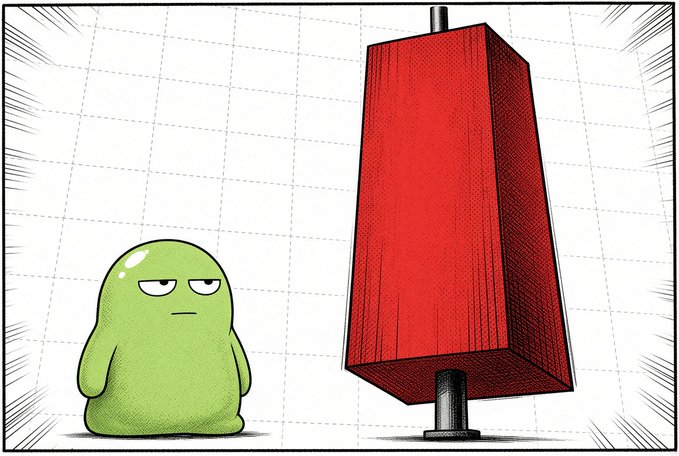 A cartoon illustration showing a small green blob character with a grumpy expression standing next to a large red rectangular object on a pedestal against a gridded background.
