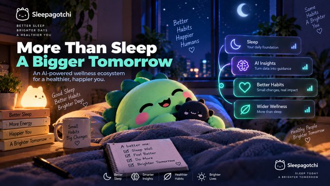 An advertisement for Sleepagotchi with the tagline 'More Than Sleep, A Bigger Tomorrow,' featuring a cute green dinosaur-like character mascot surrounded by wellness features like Sleep, AI Insights, and Better Habits.