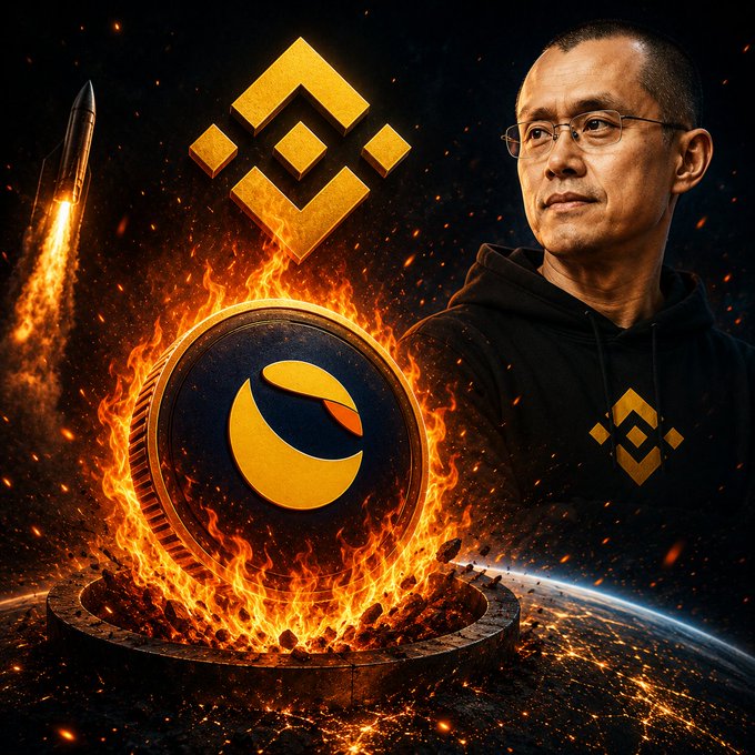 A dramatic promotional image featuring a man in a black Binance hoodie alongside a flaming Binance logo and LUNA cryptocurrency emblem, set against a fiery space backdrop with a rocket launch.