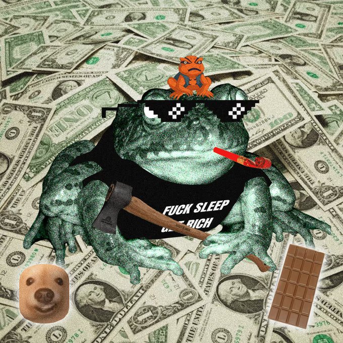 A "thug life" Pepe the Frog wearing pixelated sunglasses and a "FUCK SLEEP [GET] RICH" tank top sits atop a pile of dollar bills, smoking a cigar and holding an axe, with a small orange frog perched on his head, a meme doge face, and a chocolate bar collage surrounding him—visualizing the absurd, chaotic hustle culture humor of the $FRONG meme coin.