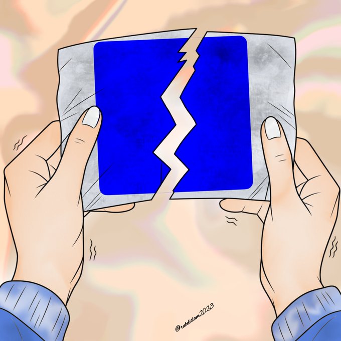 An illustration of two hands tearing a silver foil packet in half, revealing a jagged blue break in the center.