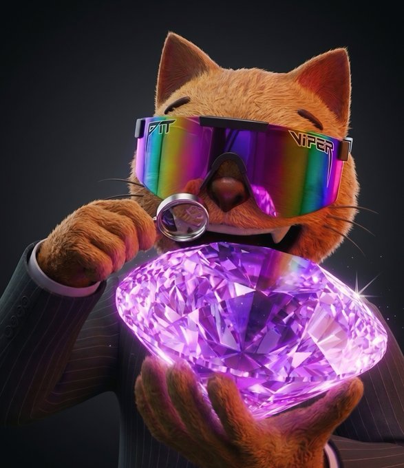 Stylized image of an orange cat wearing a suit and rainbow-tinted "VIPER" sunglasses, holding a jeweler's loupe up to a large purple diamond.
