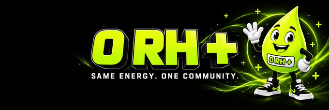 A logo for 'ORH+' with the tagline 'SAME ENERGY. ONE COMMUNITY.' features a green teardrop-shaped mascot wearing sneakers and waving.