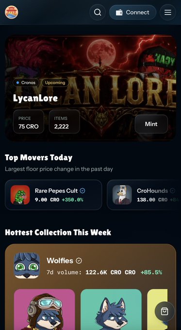 The image shows a mobile screenshot of the EbisusBay NFT marketplace interface on Cronos, featuring the "LycanLore" collection banner (75 CRO, 2,222 items) with a Mint button, alongside a "Top Movers Today" section highlighting "Rare Pepes Cult" at 9.00 CRO (+350.0%) and "CroHounds" at 138.00 CRO, plus a "Hottest Collection This Week" featuring "Wolfies" (122.6K CRO volume, +85.5%). The screenshot visually demonstrates the newly redesigned marketplace interface mentioned in the announcement, showcasing NFT collections and price tracking features that reflect EbisusBay's evolution into a unified platform combining NFTs, trading, and GameFi on Cronos.