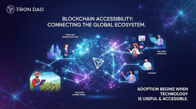 Promotional graphic for TRON DAO with the title 'BLOCKCHAIN ACCESSIBILITY: CONNECTING THE GLOBAL ECOSYSTEM' and tagline 'ADOPTION BEGINS WHEN TECHNOLOGY IS USEFUL & ACCESSIBLE.'