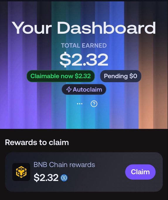 A digital dashboard screen displaying 'Your Dashboard' with 'TOTAL EARNED $2.32', a green 'Claimable now $2.32' button, an 'Autoclaim' option, and a 'BNB Chain rewards' claim section.
