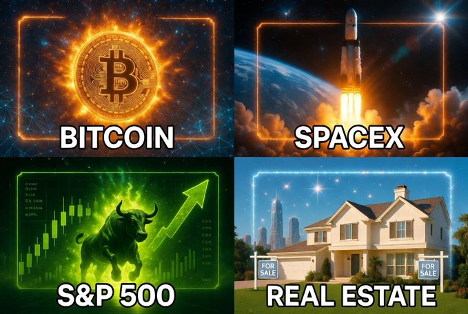 The image displays four sections with different types of investments or projects, including Bitcoin, SpaceX, real estate (houses), and stocks. Each section presents a different scenario showcasing various aspects like risk, return, technology, economy, housing market trends, and investment strategies. The post suggests that if someone had $100,000 to invest, they would allocate their funds across these four options based on their preferences or goals, aiming for the highest possible return within ten years considering factors such as technology advancements, economic fluctuations, housing demand, and stock market performance.