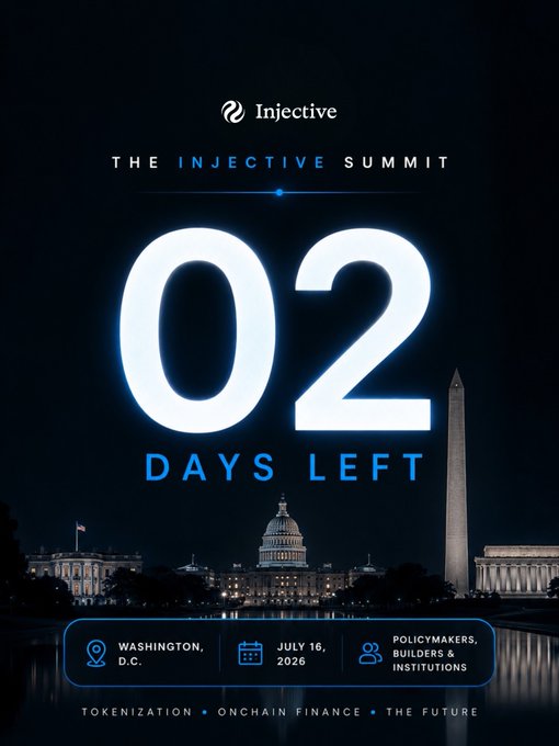 Promotional poster for 'THE INJECTIVE SUMMIT' counting down '02 DAYS LEFT', scheduled for July 16, 2026 in Washington, D.C., featuring a nighttime view of the U.S. Capitol and Washington Monument.